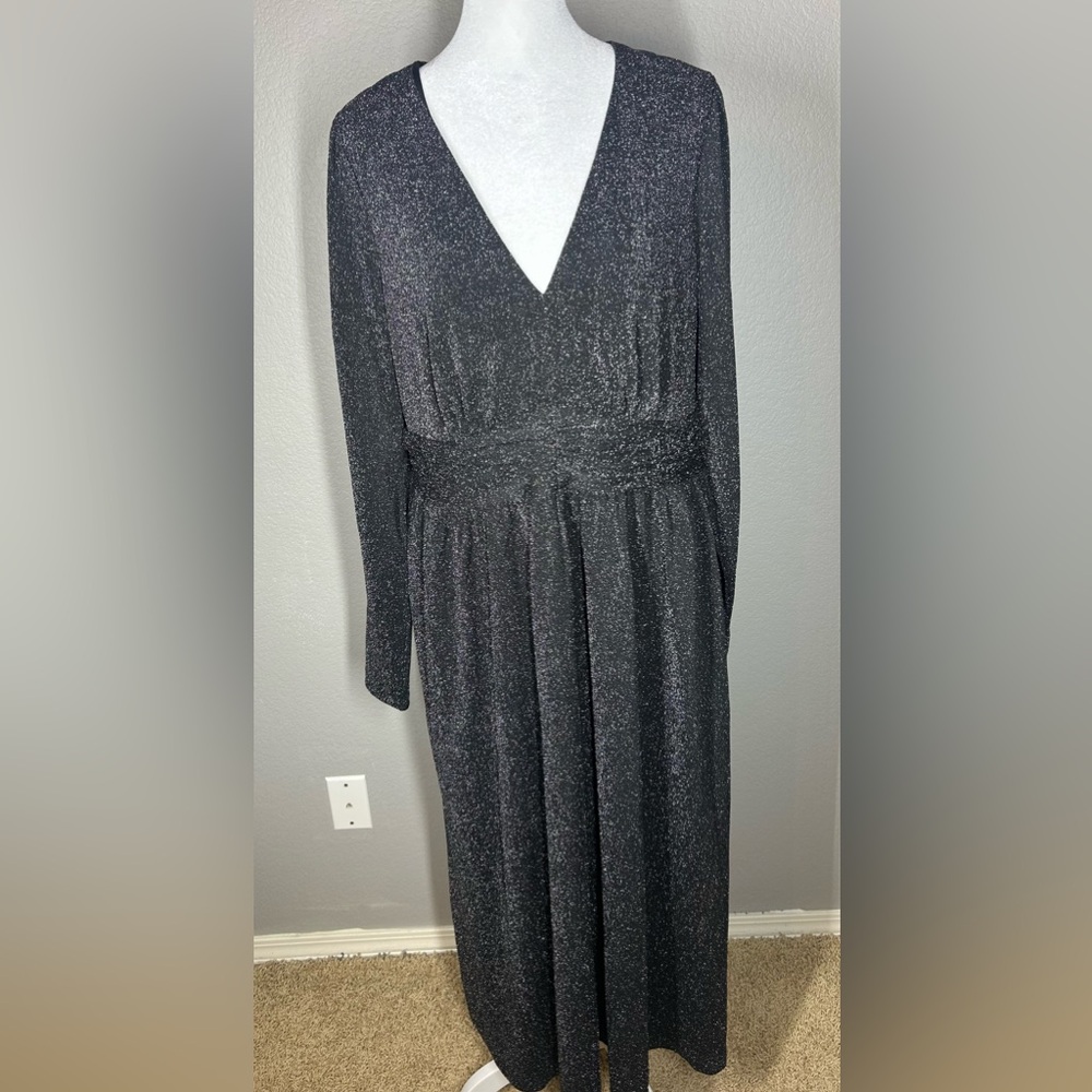 BODEN NWT Black Silver Sparkle Long Sleeve V-Neck Ruched Midi Party Dress Sz 12 - Picture 5 of 16